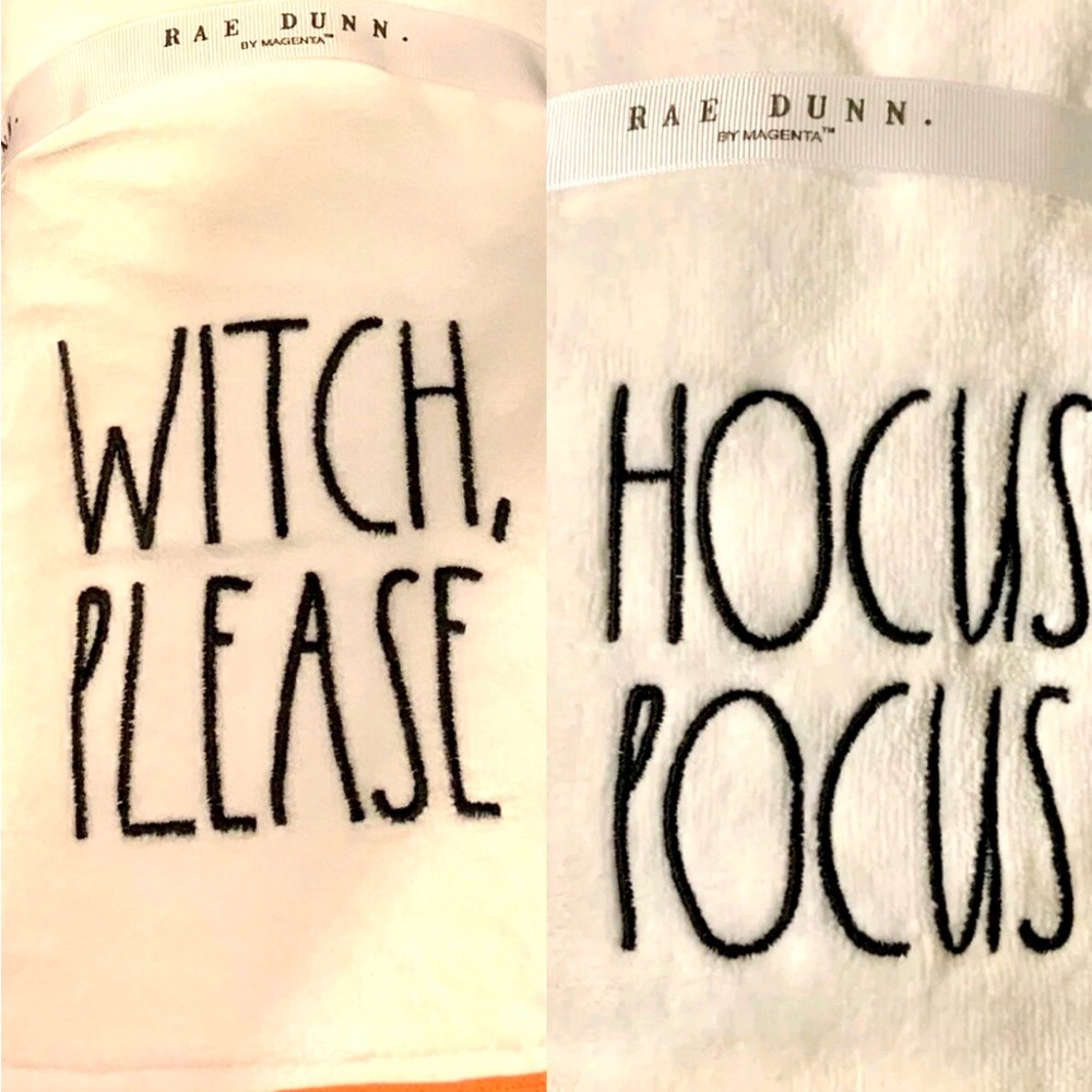 Rae Dunn Artisan Collection Hand Towels - White, Black & Orange Halloween Set